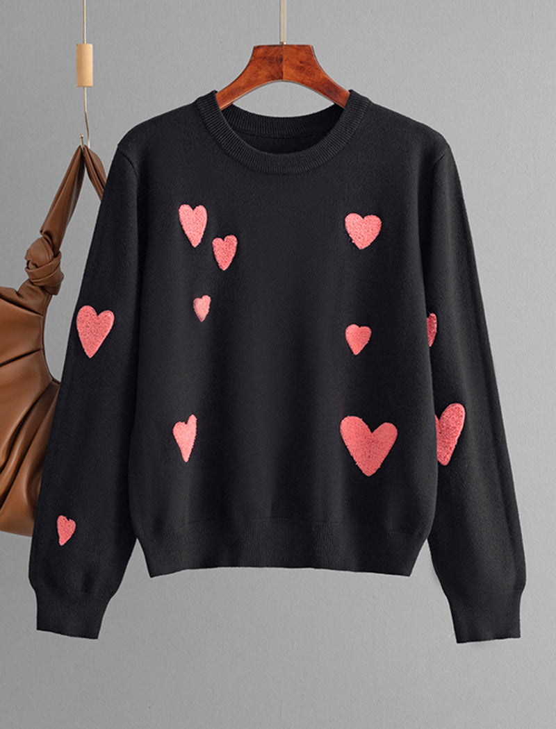 Heart Pattern Knit Crewneck Sweater