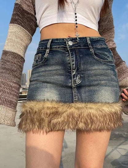 Denim Mini Skirt with Faux Fur Trim