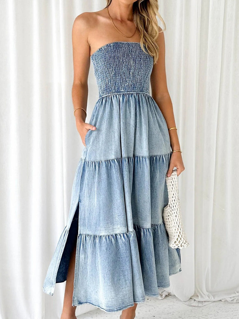 Smocked Strapless Tiered Slit Dress