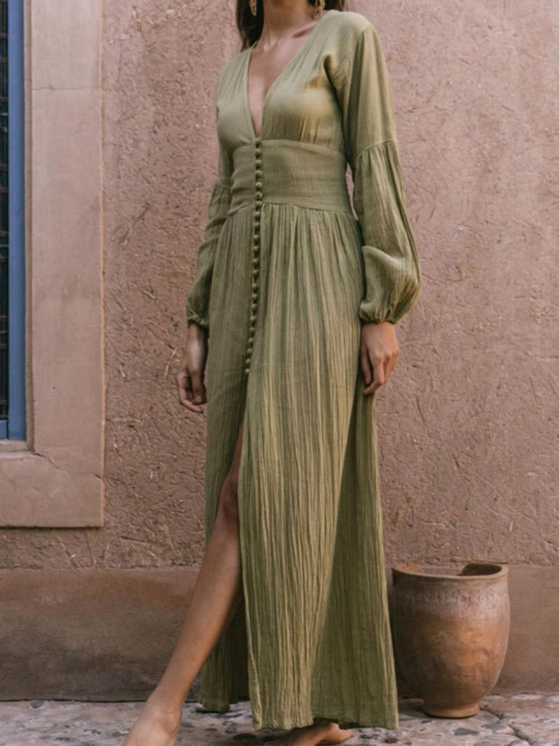 V-Neck Smocked Slit Maxi Dress