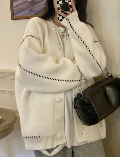 Oversized Button-Up Cardigan with Ribbed Trim [NON-RETURNABLE]