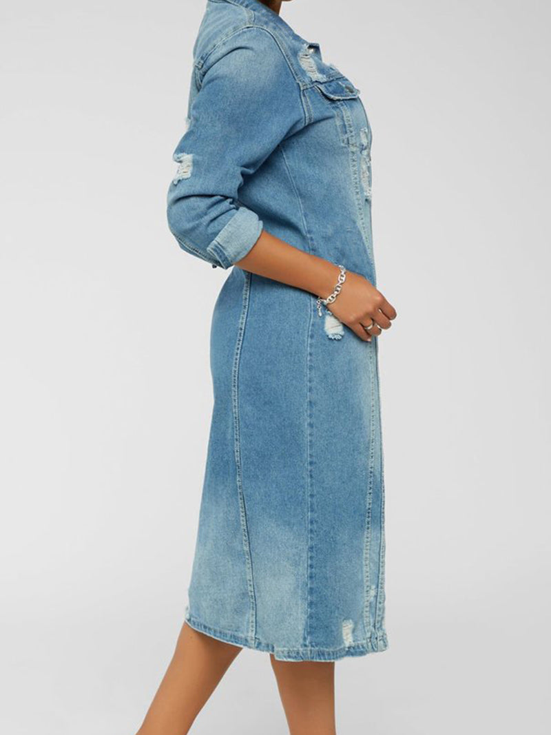 Distressed Denim Button-Front Coat