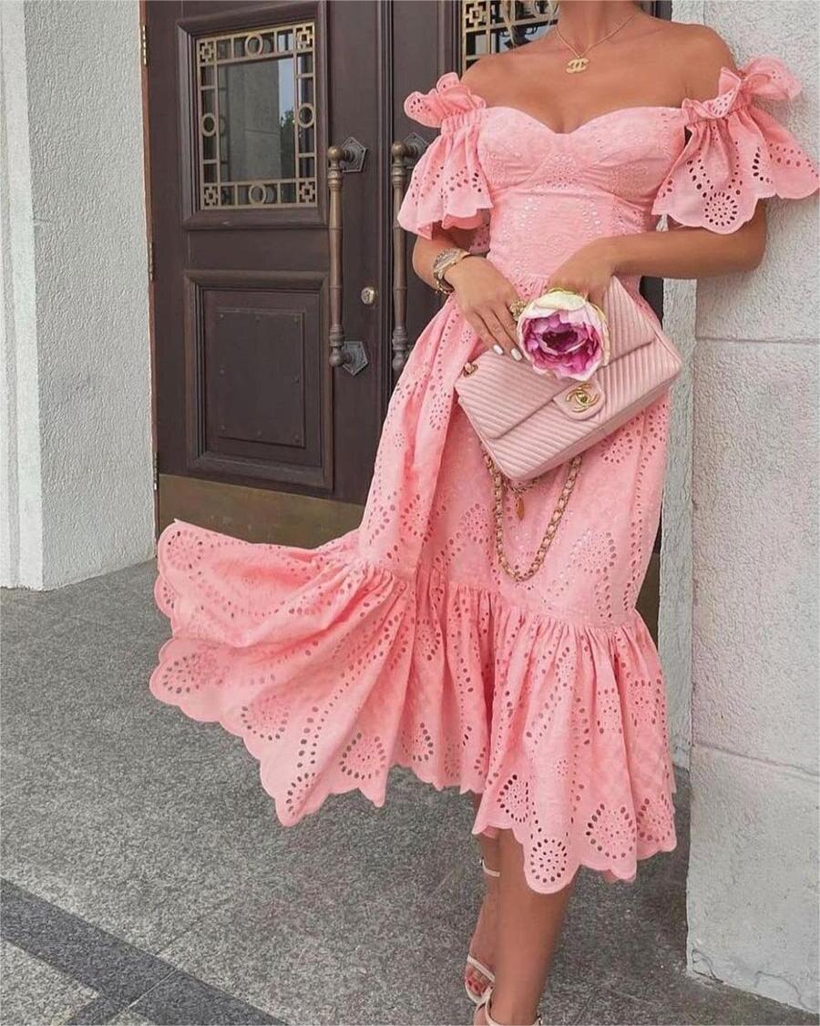 Eyelet Off-Shoulder Midi Dress