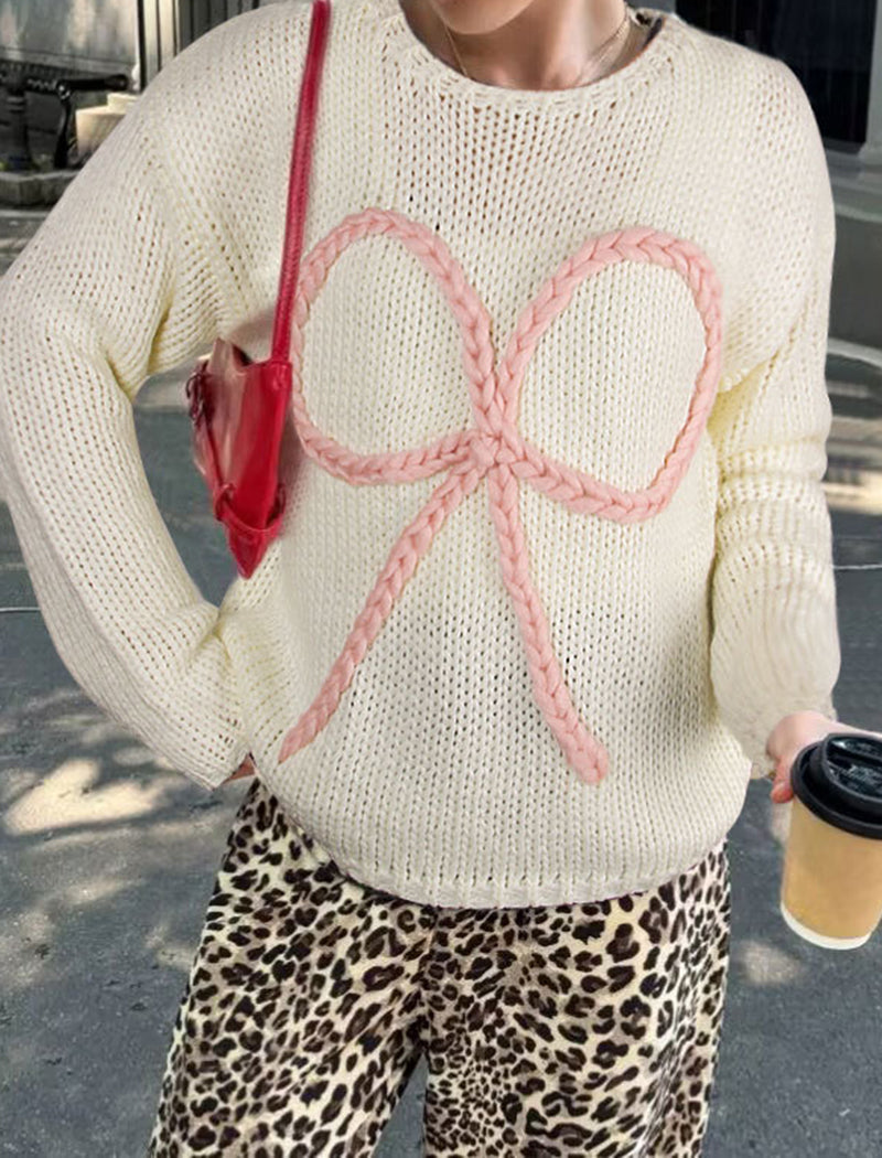 Loose Round Neck Bow Tie Pullover Top