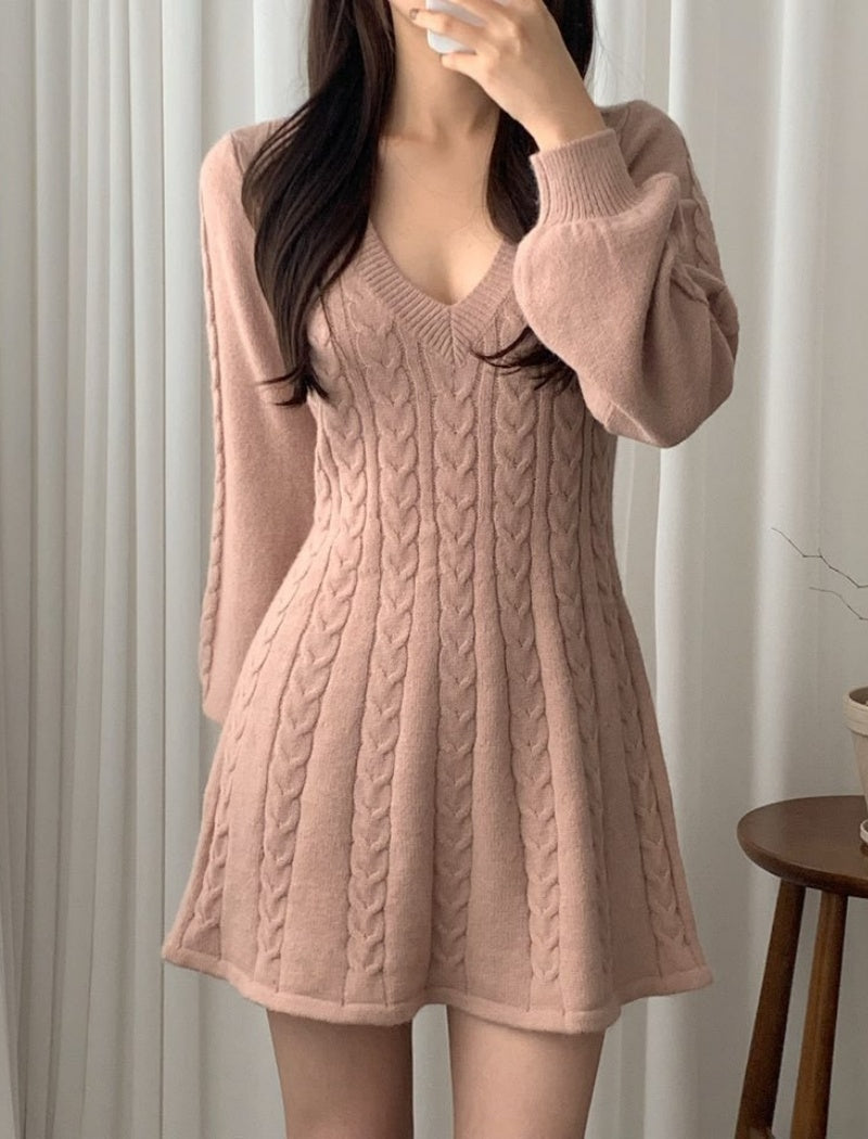 Cable Knit V-neck Sweater Dress