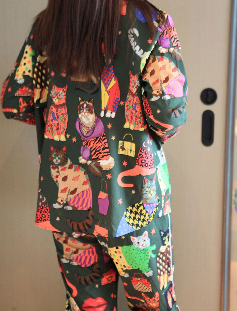Cat Print Long-Sleeve Pajama Set