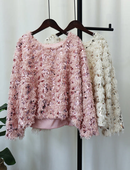 Sequin Fringe Sweater with Balloon Sleeves
