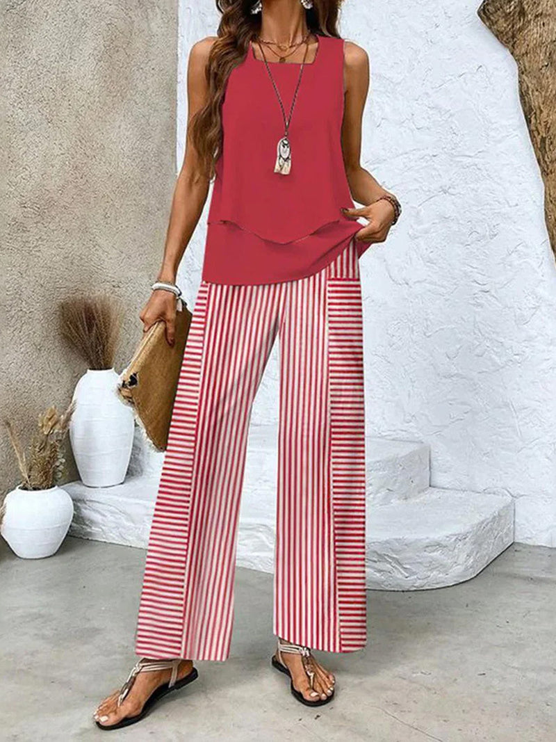 Layered Sleeveless Top and Wide-Leg Pants Set