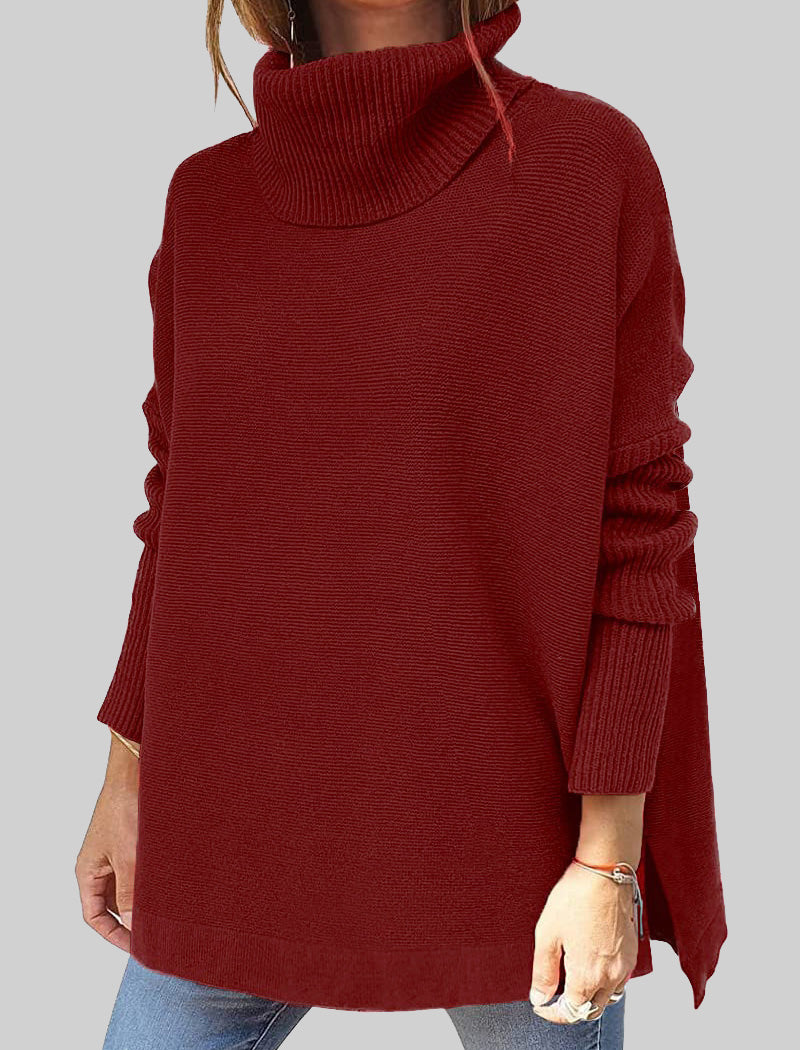 High Neck Batwing Sleeve Slit Hem Waist-Tie Sweater