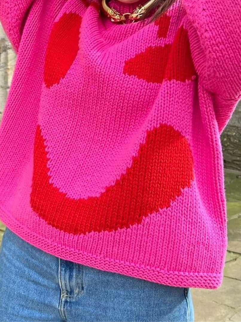 Smile Print Colorblock Pullover Sweater