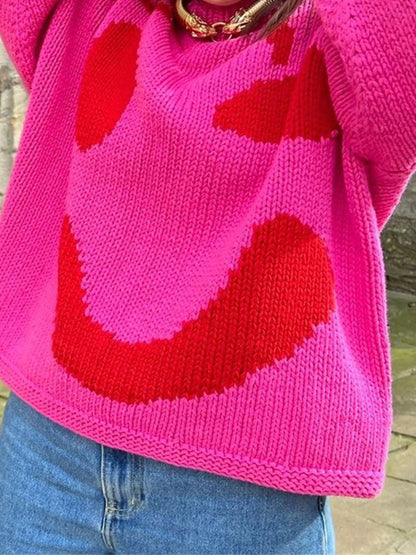 Smile Print Colorblock Pullover Sweater