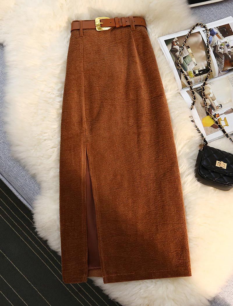 Belted Slit Corduroy Skirt