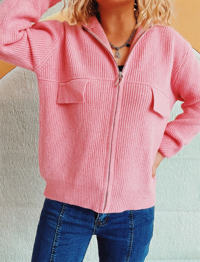 Zip-Up Knit Cardigan with Pockets