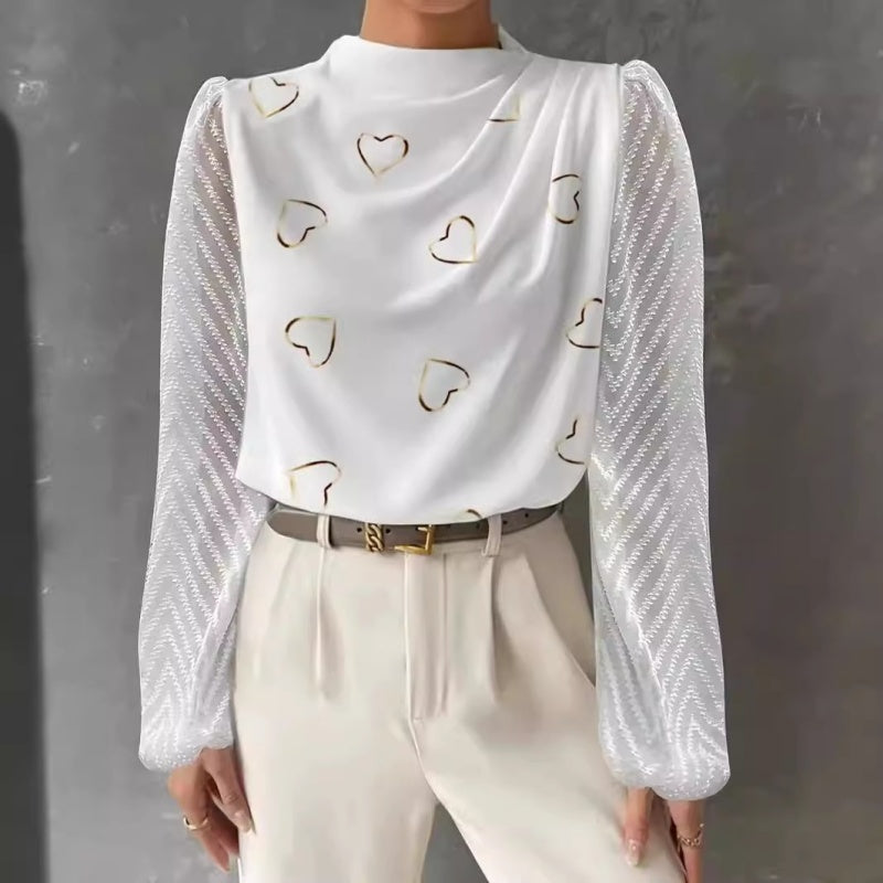 Heart Print Sheer Sleeve Blouse