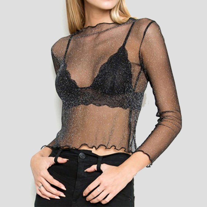 Glittery Sheer Mesh Long Sleeve Crop Top