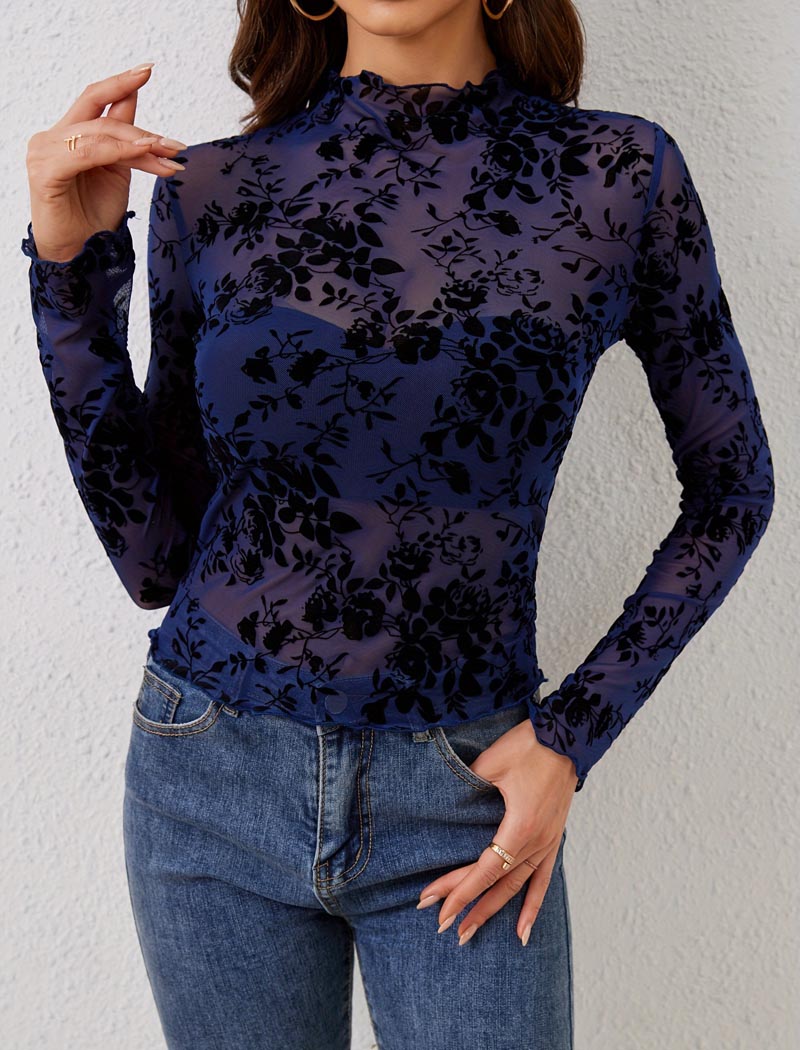 Floral Mesh Long-Sleeve Top