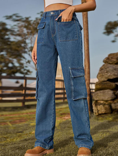 Utility Denim Cargo Pants with Elastic Waist