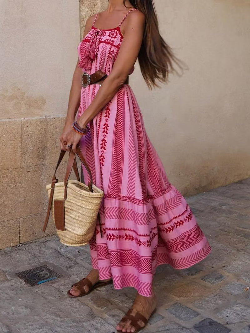 Graphic Pleated Strappy Maxi Dress