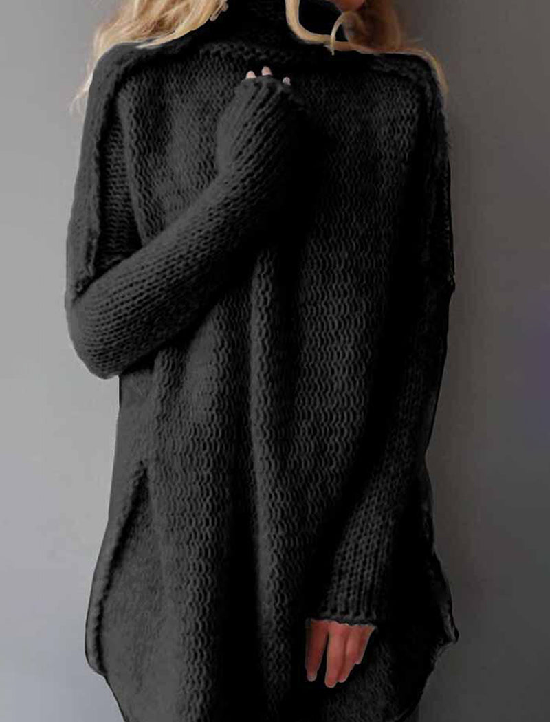 Chunky Knit High-Neck Sweater with Side Slits