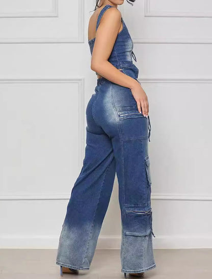 Denim Cargo Vest and Wide-Leg Pants Set