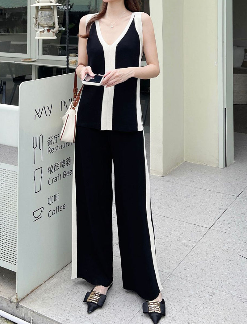 V-Neck Knit Top and Color-Block Wide-Leg Pants Set