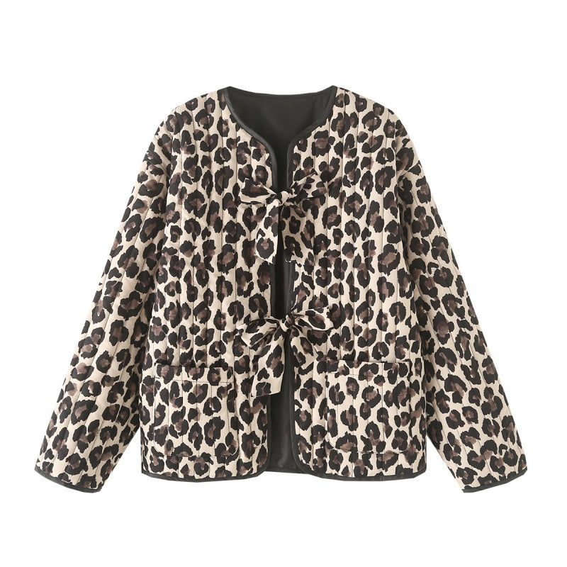 Leopard Print Quilted Coat with Knot Ties