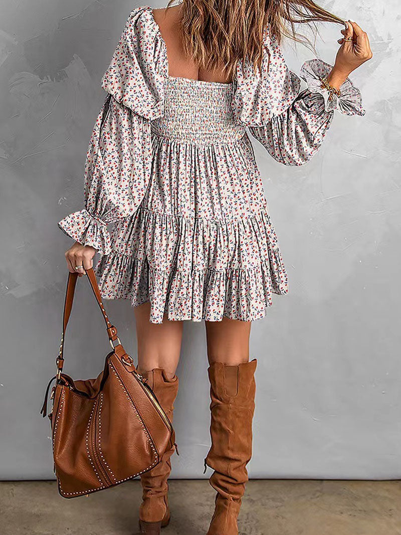 Ditsy Floral Smocked Ruffled Off-the Shoulder Mini Dress