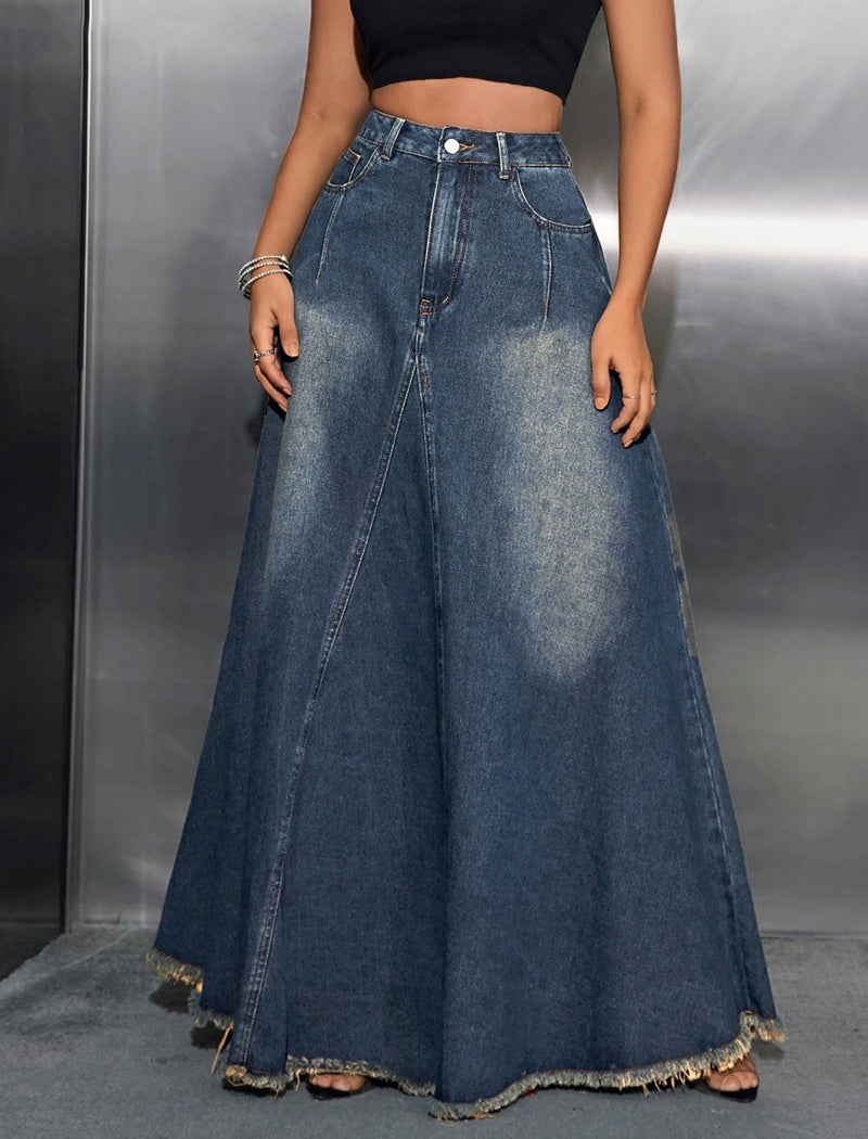 High-Waisted Denim Maxi Skirt with Raw Hem