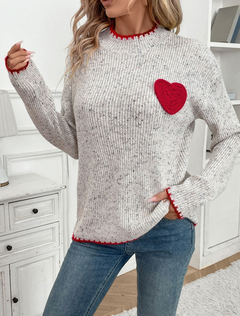 Crew Neck Sweater with Heart Patch Design