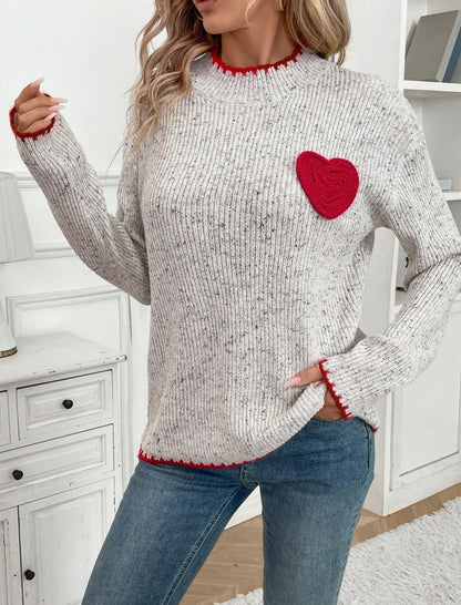 Crew Neck Sweater with Heart Patch Design
