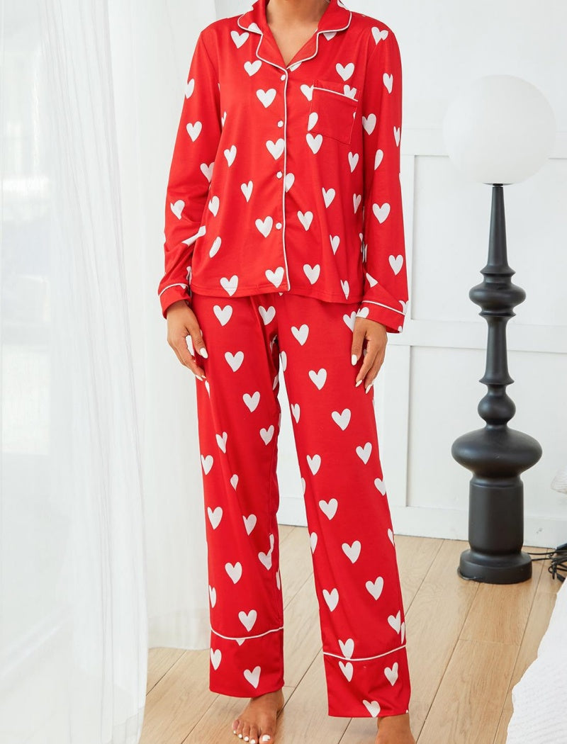 Heart Print Long Sleeve Shirt and Pants Set