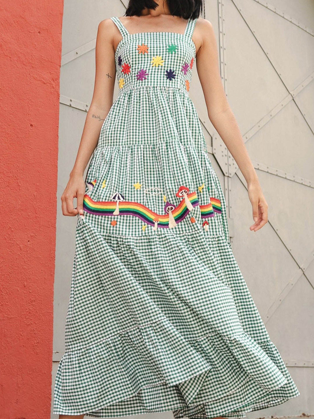 Gingham Graphic Print Maxi Dress