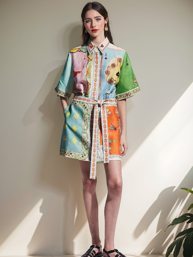 Graphic Print Belted Shirt Dress