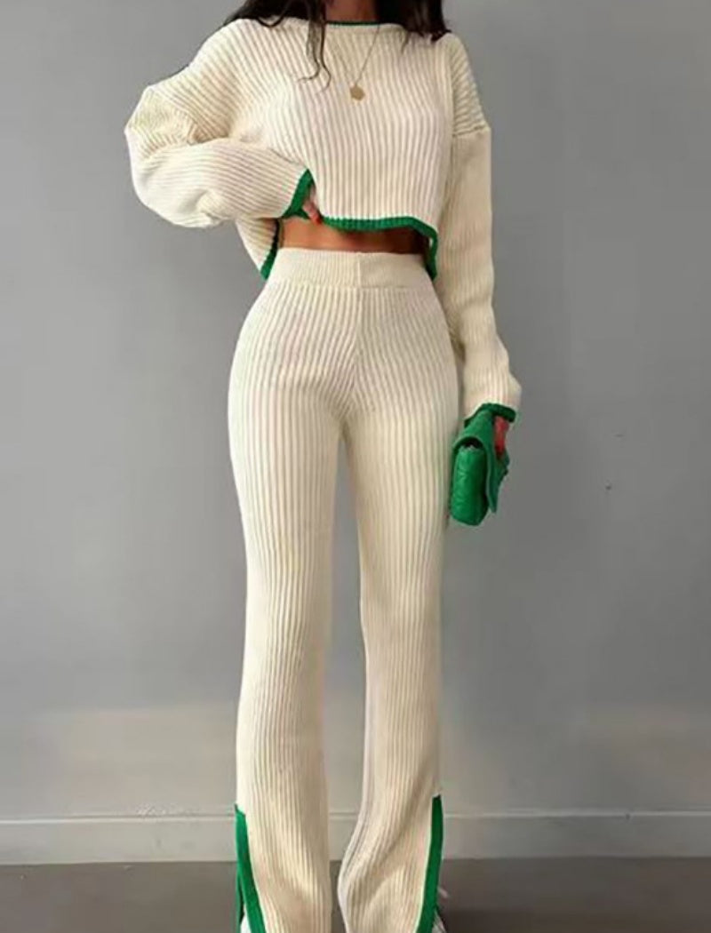 Colorblock Knit Top and Pants Two-Piece Set