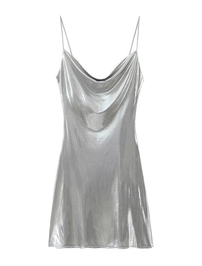 Shiny Cowl Neck Mini Dresses