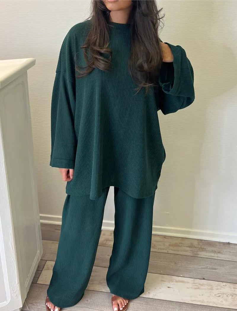 Corduroy Solid Color Crew Neck Long Sleeve Top and Pants Set