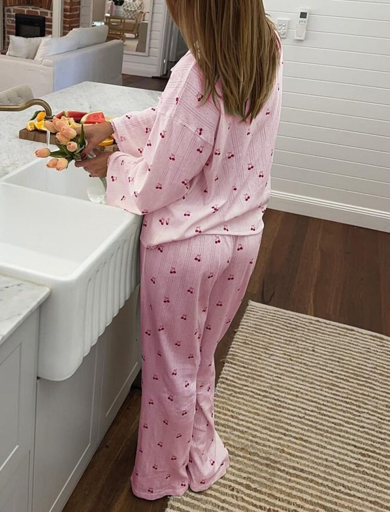 Cherry Print Button-Front Pajama Set