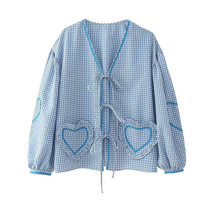 Gingham Heart-Pocket Cardigan