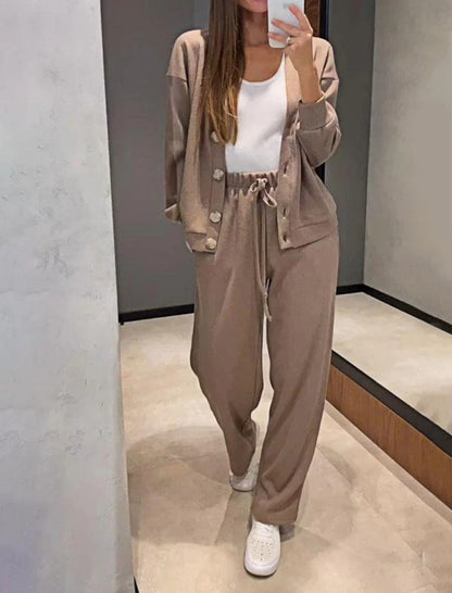 Buttoned Cardigan and Wide-Leg Pants Set