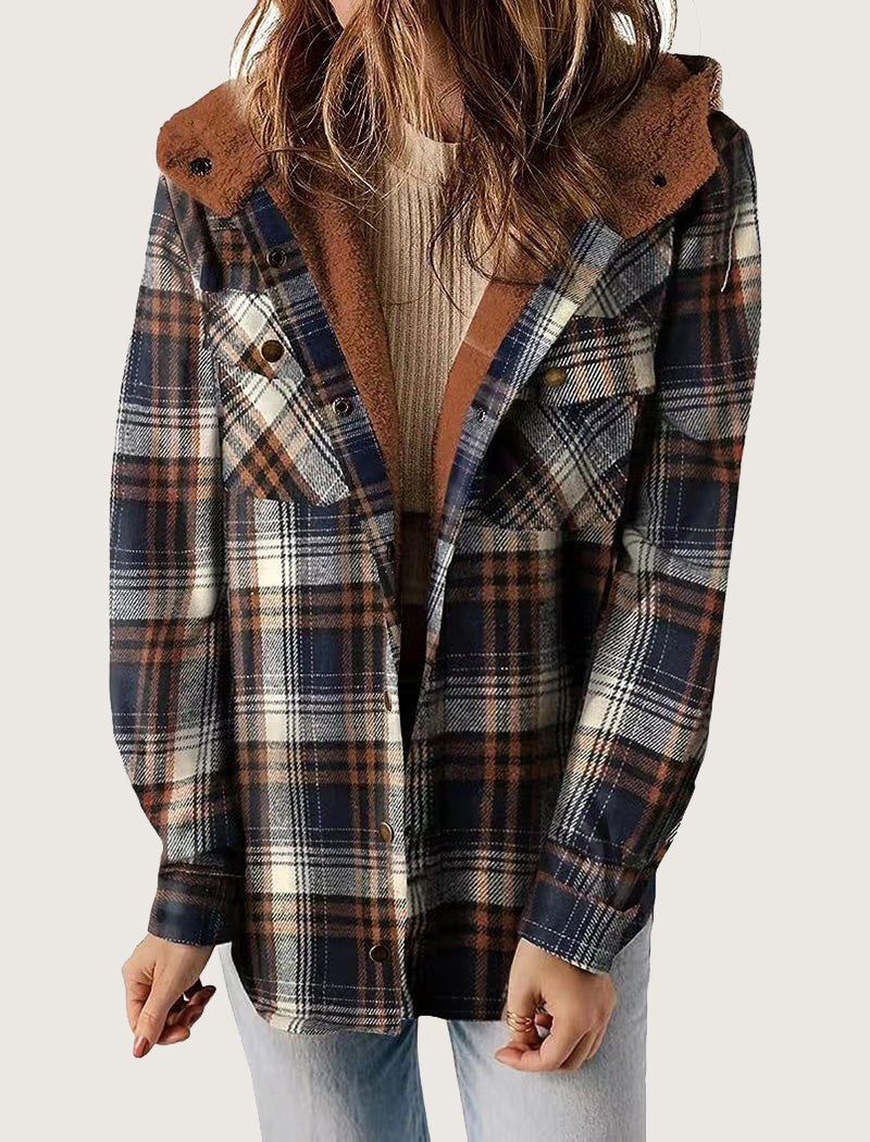 Hooded Plaid Shacket with Pocket Detail