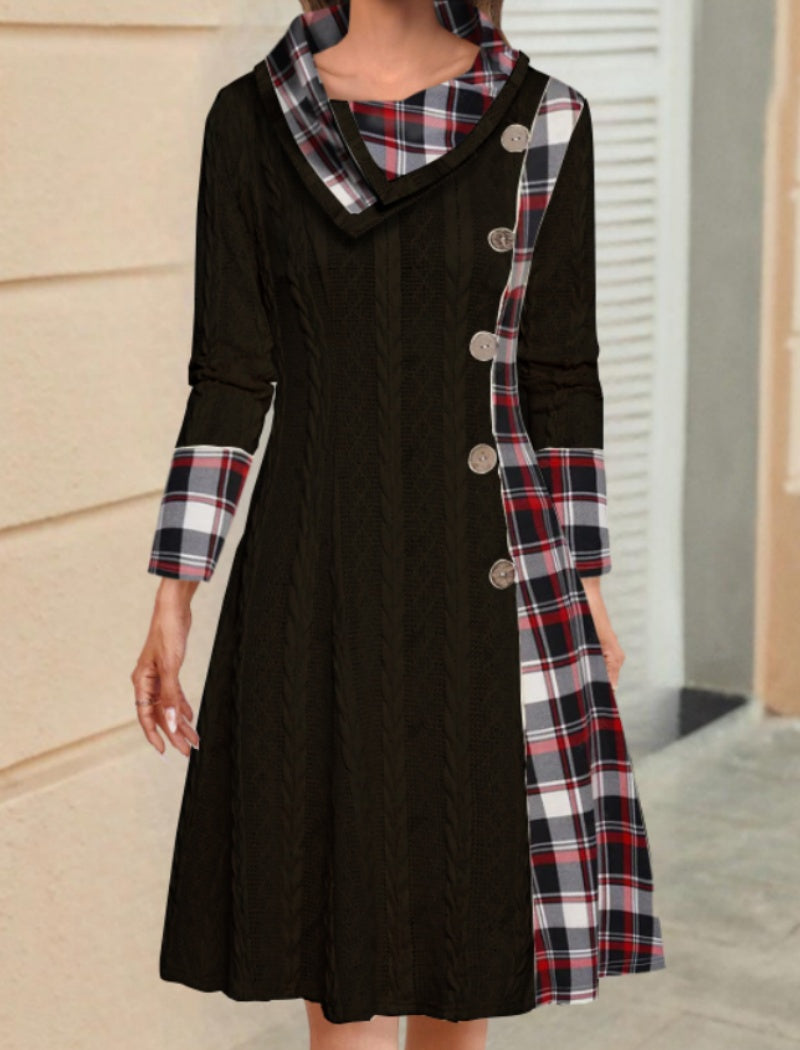 Plaid Accent Knit Button-Front Dress