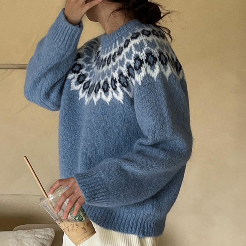 Nordic Pattern Crew Neck Knit Sweater