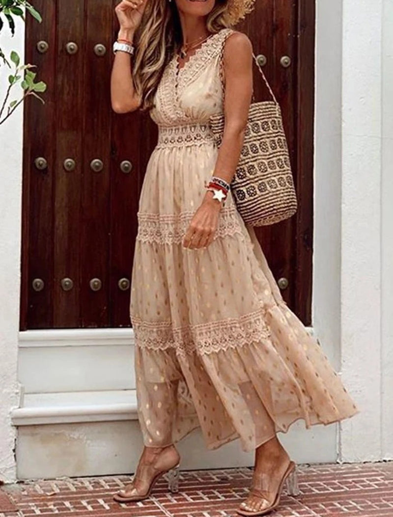 Lace Tiered V-Neck Maxi Dress