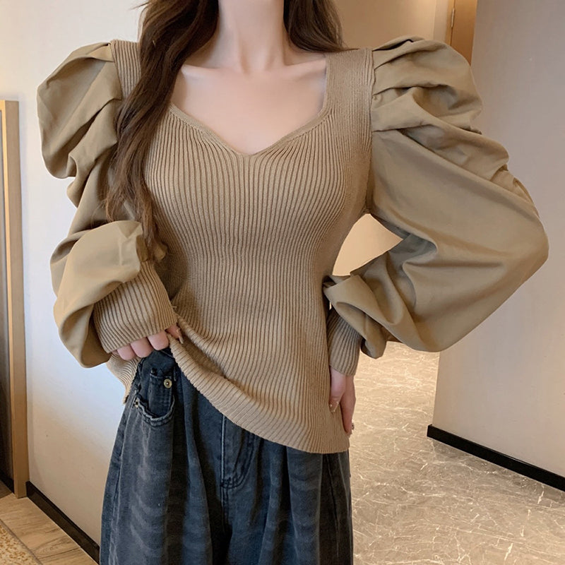 Puff Sleeve Square Neck Knit Top