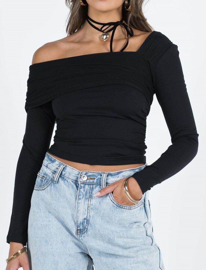 One-Shoulder Ruched Long Sleeve Top