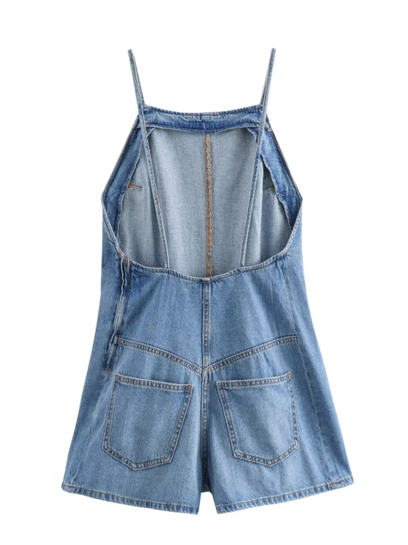 Denim Open-Back Strappy Romper