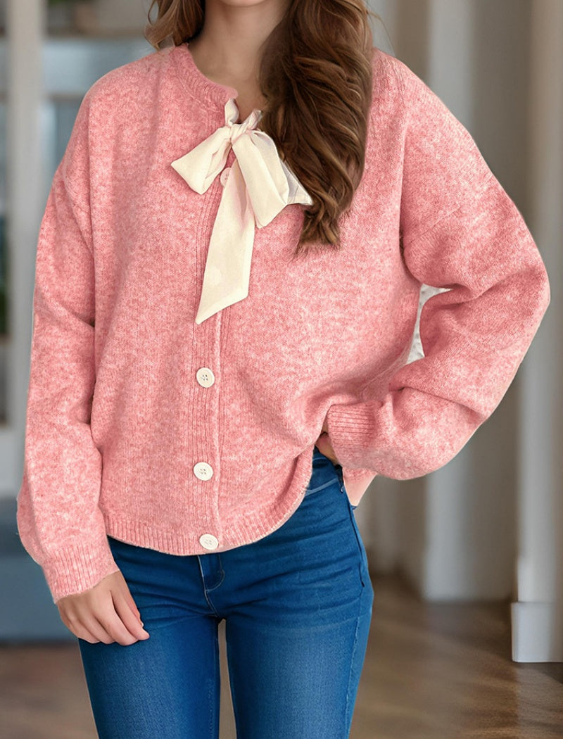 Button-Up Cardigan with Bow Detail