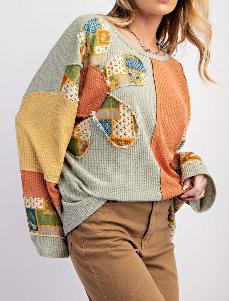 Patchwork Oversized Waffle Knit Top