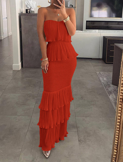 Strapless Pleated Ruffle Maxi Dress