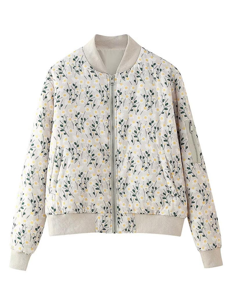 Floral Print Zipper Bomber Quilted Jacket